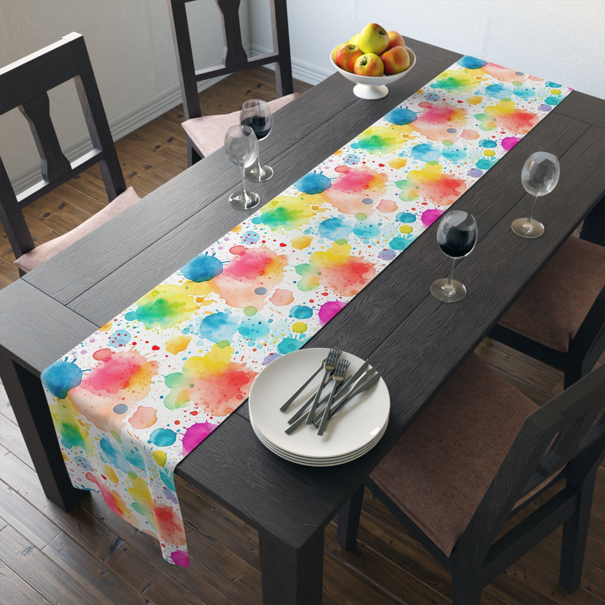 Bespattered Facade Rainbow Watercolor Paint Splatters Table Runner (2 sizes)