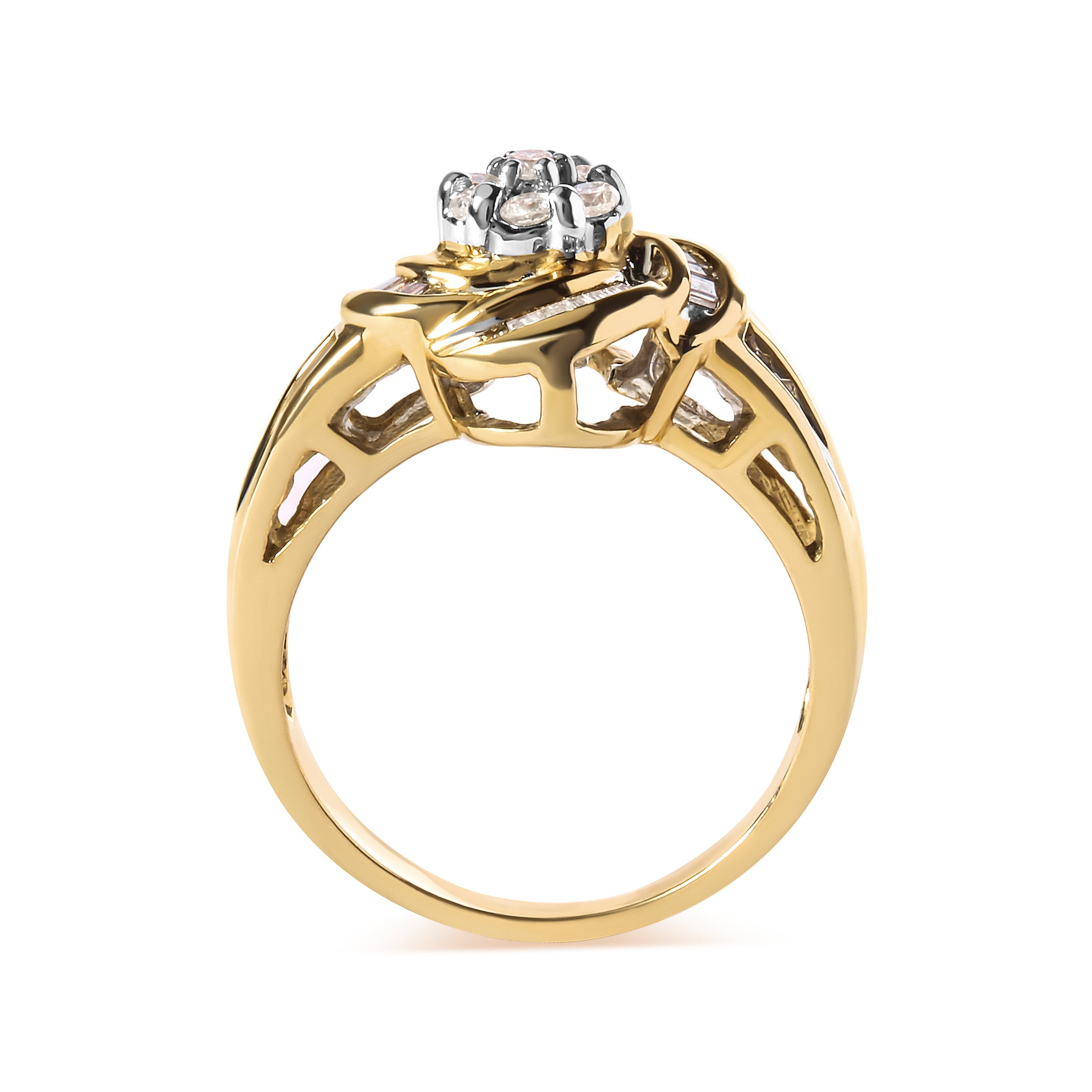 10K Yellow Gold 1/2 Cttw Round and Baguette Diamond Flower Swirl Cocktail Ring (I-J Color, SI2-I1 Clarity) - Ring Size 7