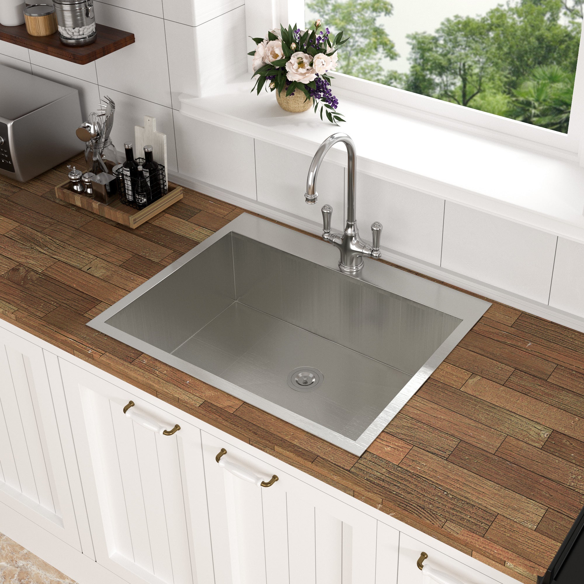 Brushed Nickel Stainless Steel 25 x 22 x 9 Inch Kitchen Sink Drop In with Single Bowl Topmount Design