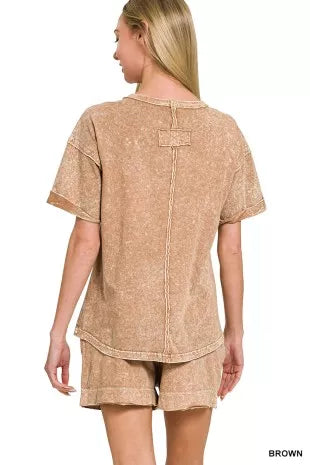 Zenana Halo Snow Washed Exposed Seam Top & Shorts Set