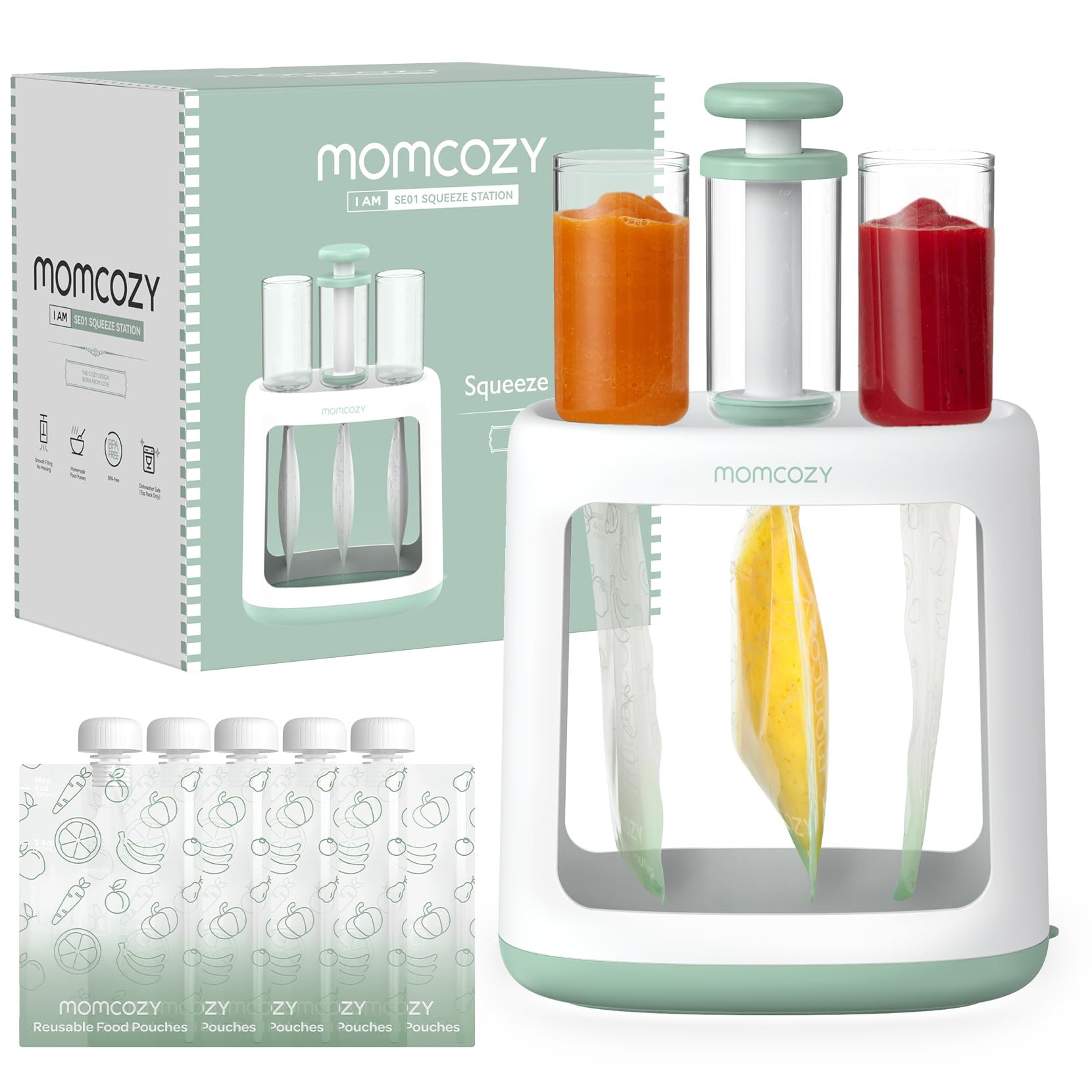 Momcozy Baby Food Maker for Puree Food Storage Precise Capacity Squeeze Station Save Time & Efficient No Food Splashing Baby Essentials with 5pcs Reusable Portable Food Storage Bags for Outdoor