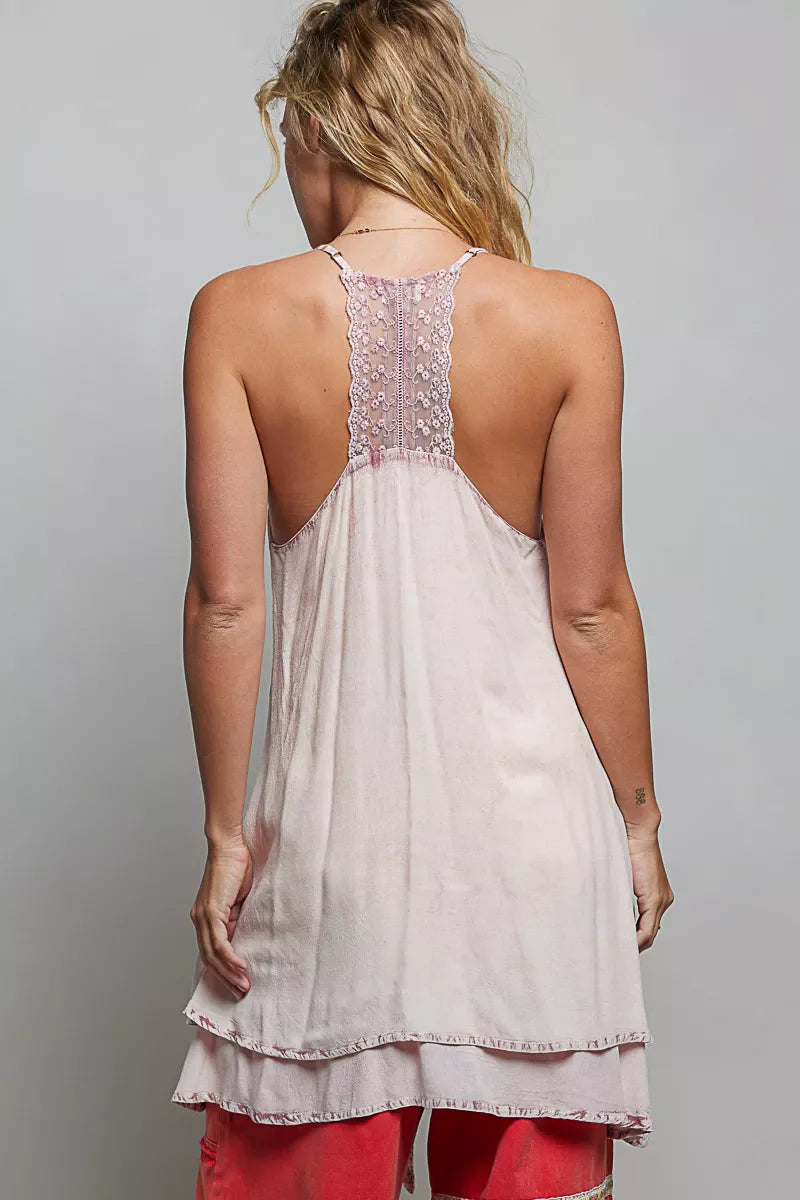 POL Solid Vintage Wash Embroidered Sleeveless Cotton Mini Dress