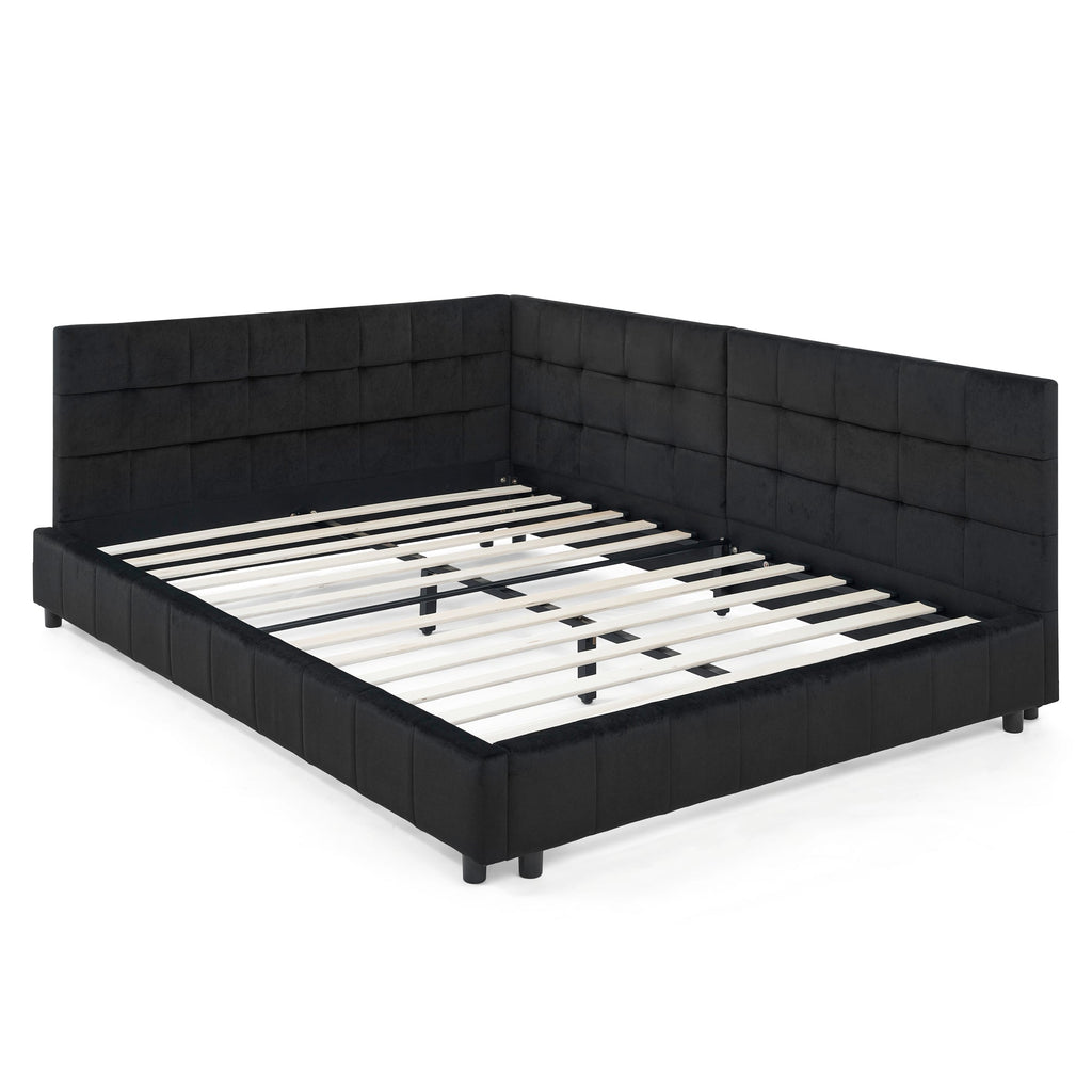 Mid-Century Full Size Upholstered Tufted Bed Frame with Comfortable Backrest and Armrests, Velvet, Black