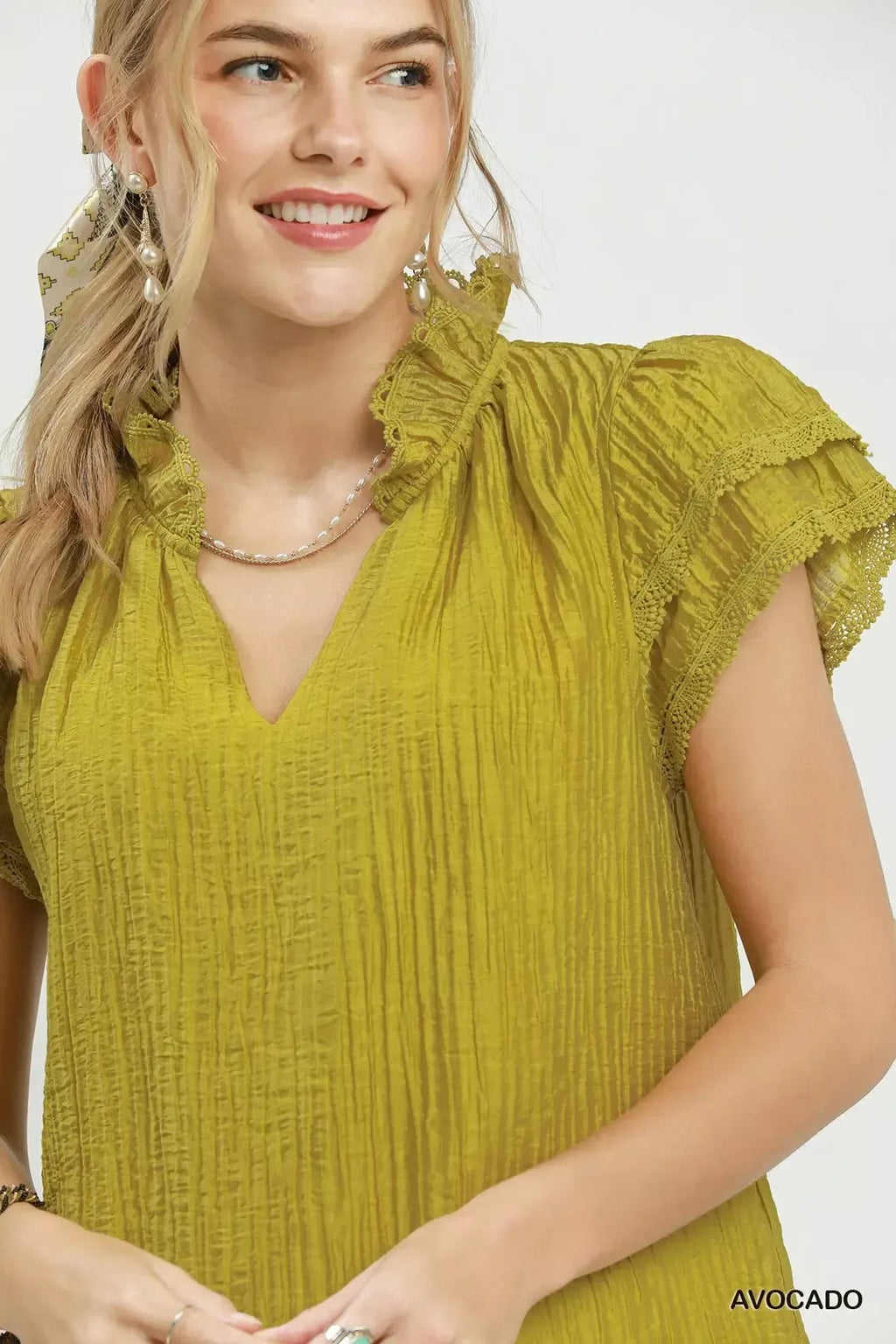 Umgee Lace Trim Ruffle Top