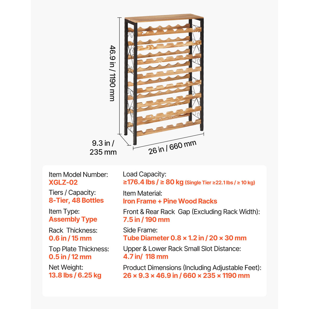 48 Bottle Wine Rack,8-Tier Wine Bottle Holder,Freestanding Floor Display Wine Storage Shelves with Wood Table Top,For Kitchen Pantry, Cellar, Bar, Dining Room, Living Room, Black