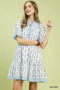 Umgee Striped Trim Floral Tiered Mini Dress