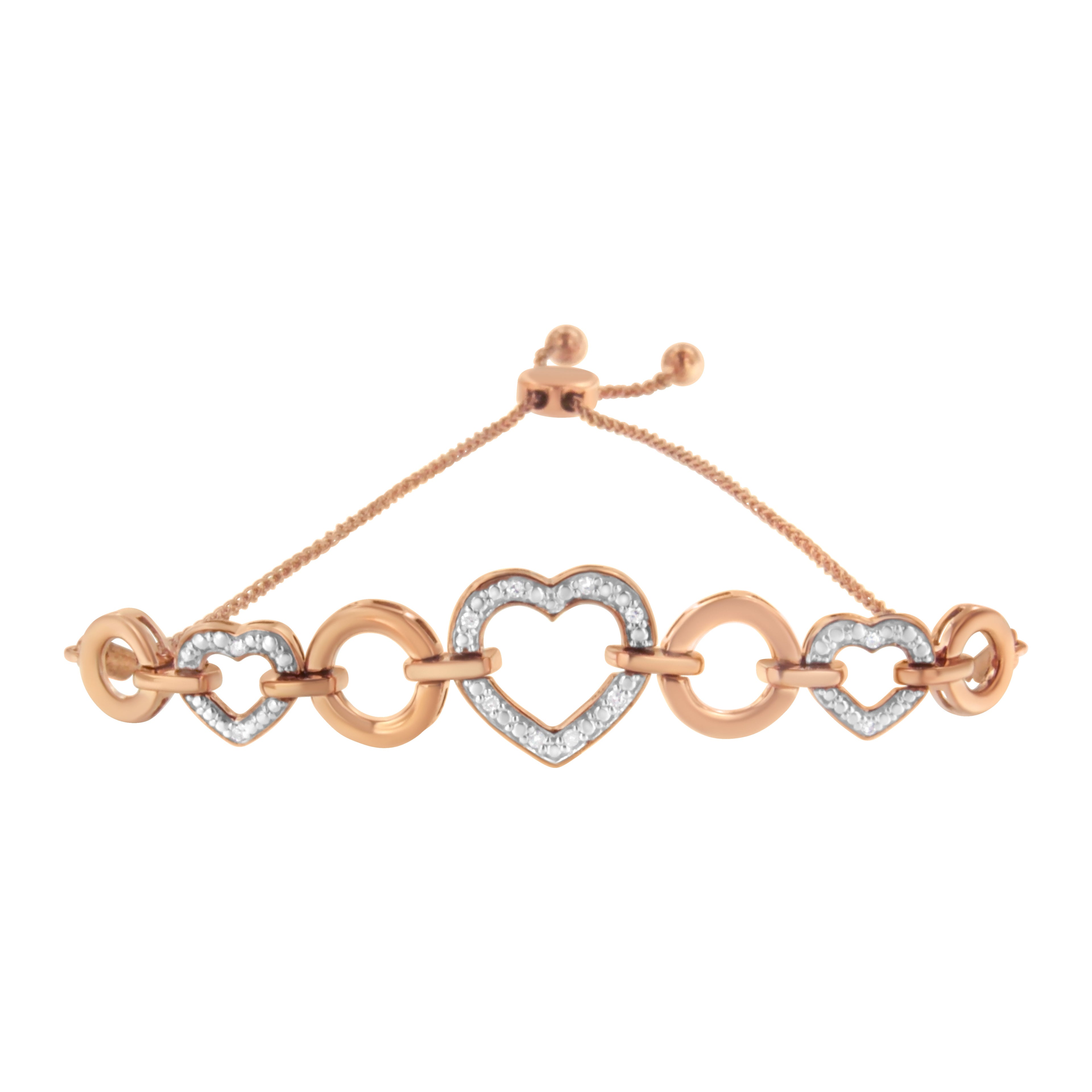 14K Rose Gold Plated .925 Sterling Silver Diamond Accent Circle and Heart Link Adjustable 6â€-10â€ Bolo Bracelet
