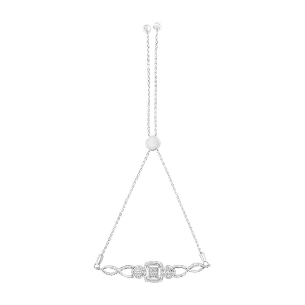 .925 Sterling Silver Diamond Cushion Frame Heart-Sides Twist 4â€-10â€ Adjustable Bolo Tennis Bolo Bracelet (I-J Color, I3 Clarity)