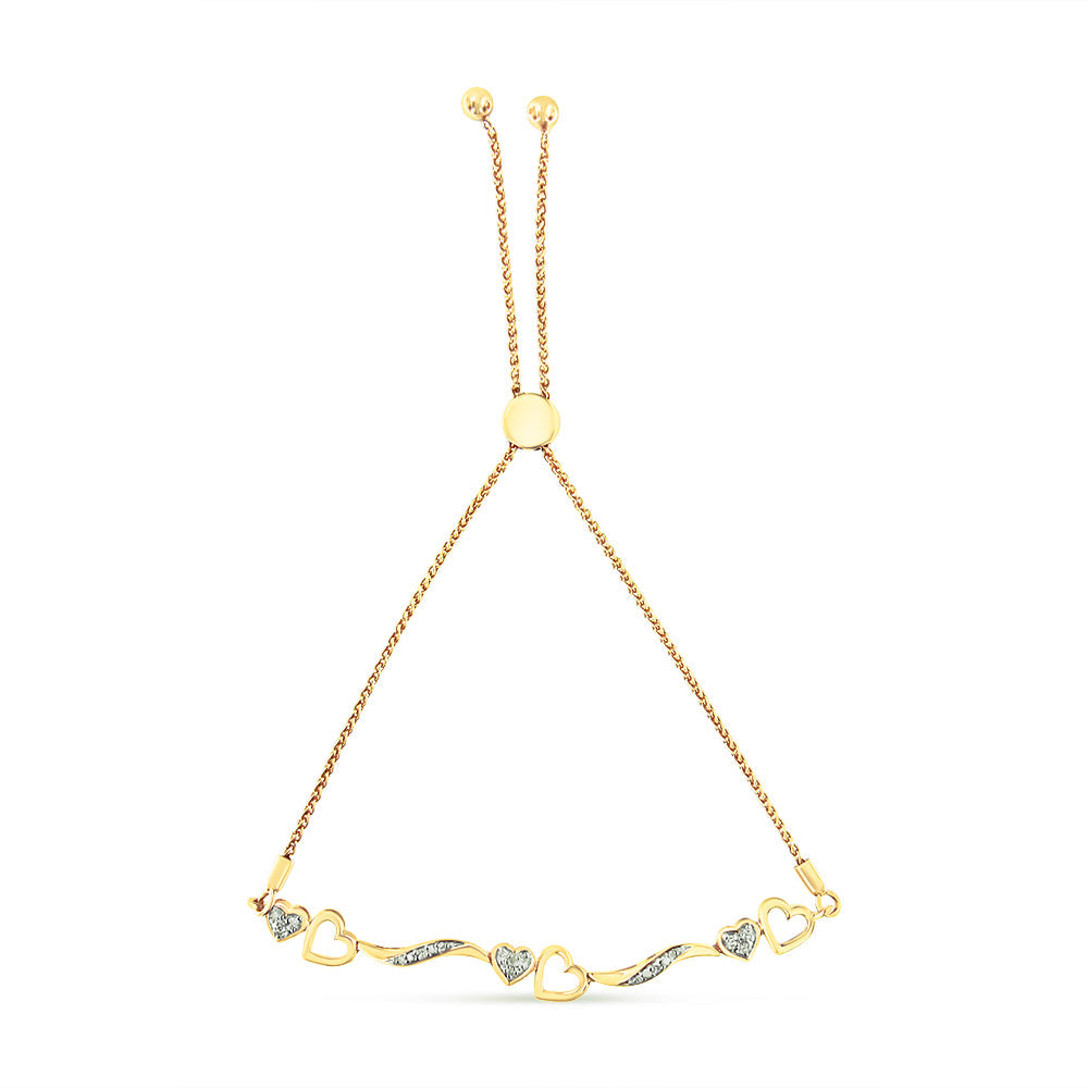 14K Yellow Gold Plated .925 Sterling Silver Diamond Accent Heart and Wave Link Bolo Bracelet (I-J Color, I2-I3 Clarity) - 6" to 9" Adjustable