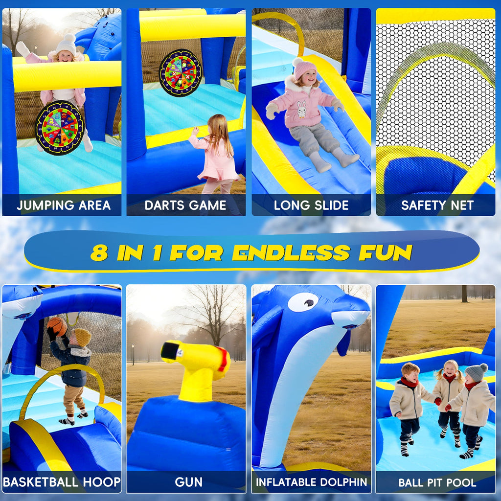 8 in1 Inflatable slide water park trampoline bouncing house outdoor garden with  Dolphin sprinkler & Target games & Water gun & Basketball