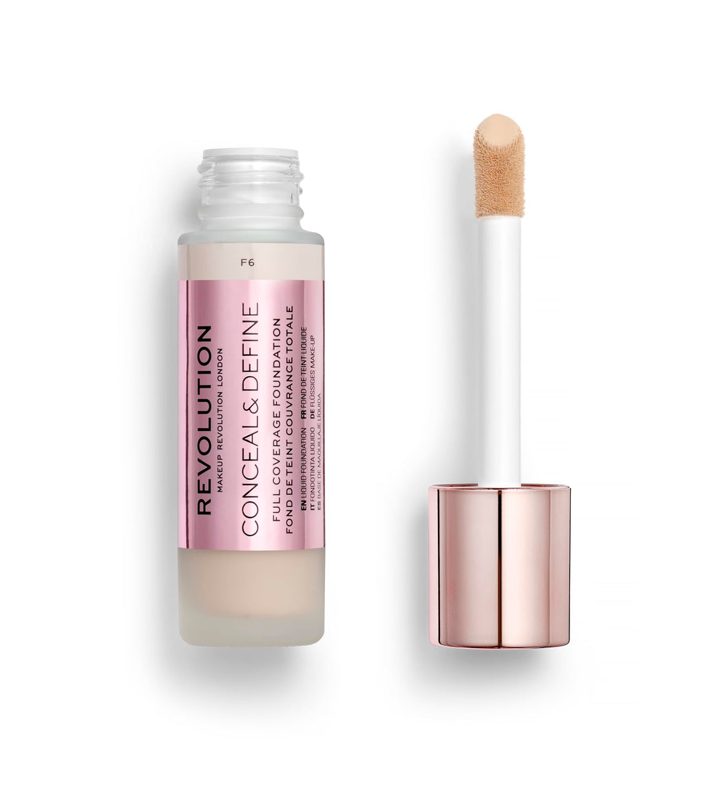Revolution Beauty Conceal & Define Foundation Full Coverage Long-Lasting Matte Finish Vegan & Cruelty Free F6 Light to Medium Skin Tones 0.8 Fl.Oz.