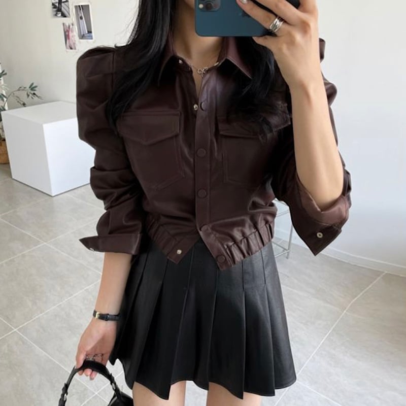 Lapel Single Breasted Leather Jacket with Double Pockets