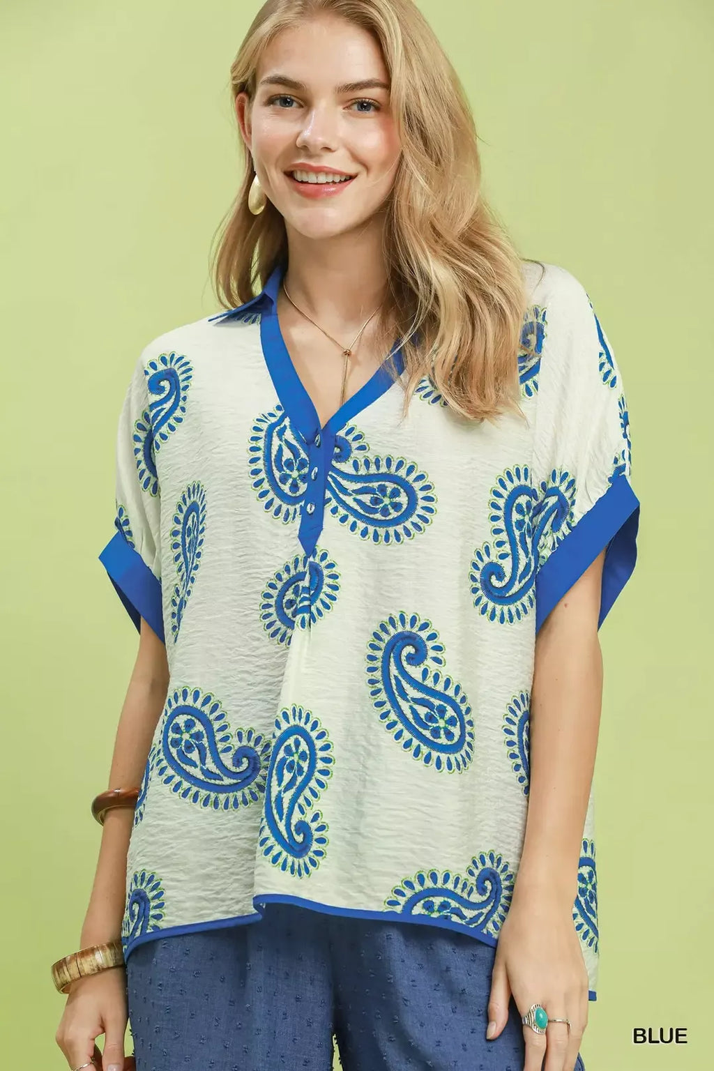Umgee Paisley Print Contrast Trim Top
