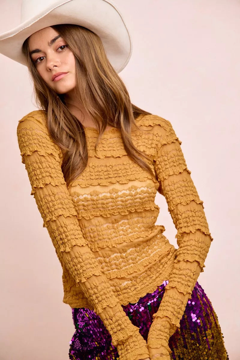 BiBi Ruffles Detail Mardi Gras Color Flower Lace Top