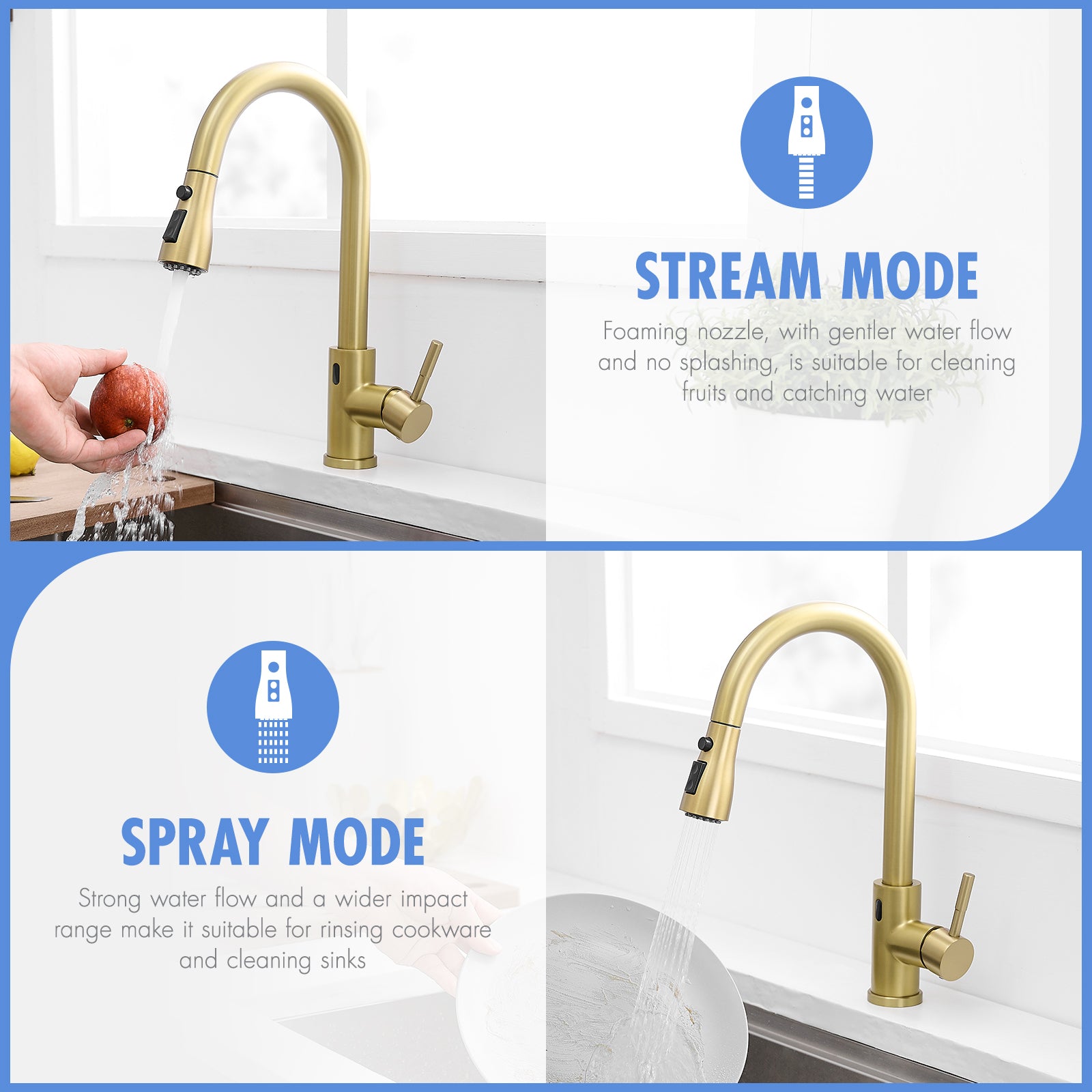Touchless Kitchen Faucet, Hands Free Automatic Smart Kitchen Faucet, Stainless Steel Touchless Kitchen Faucet Brushed Gold