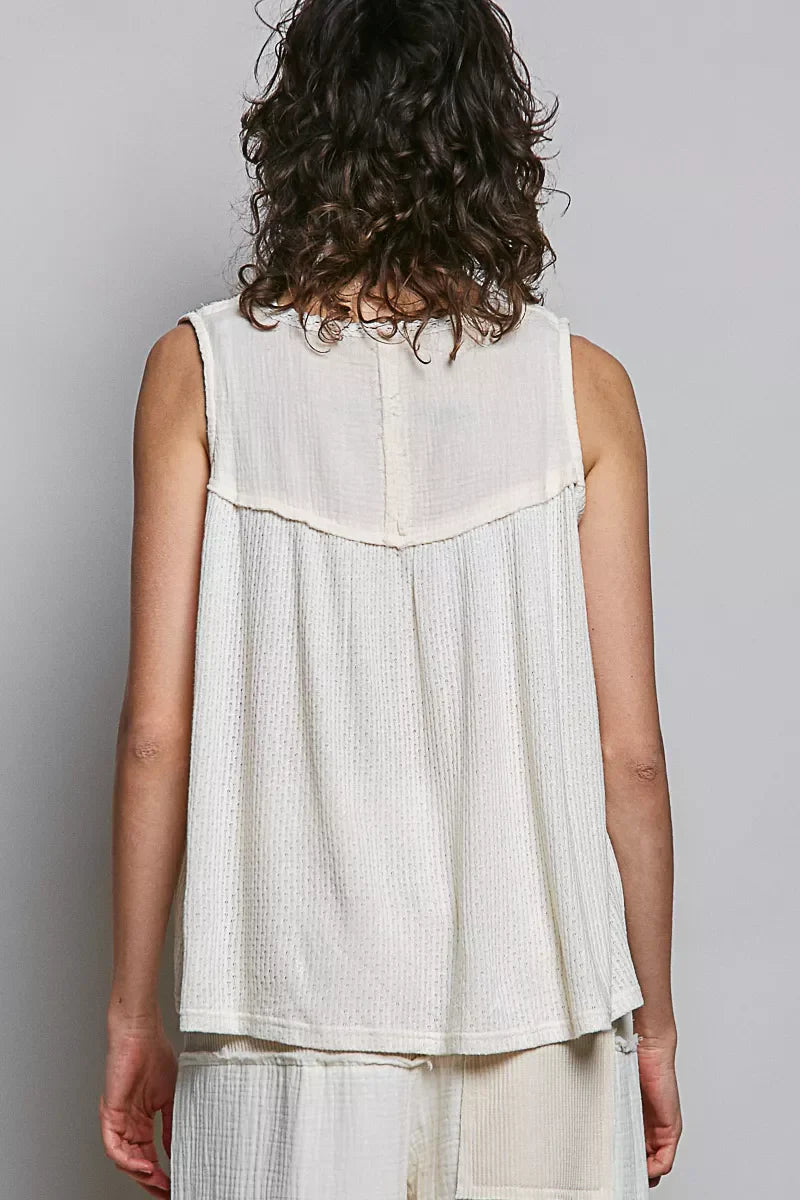 POL Lace Detail Floral Double Gauze Patch Sleeveless Top
