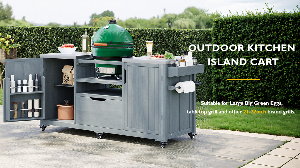 K&K 66.5' Outdoor Kitchen Island for Big Green Egg Grills, Solid Wood Outdoor Grill Cart for Tabletop Grill with Stainless Steel Top, Drawer, Compatible with Large Big Green Egg, Kamado Joe- Grey Blue