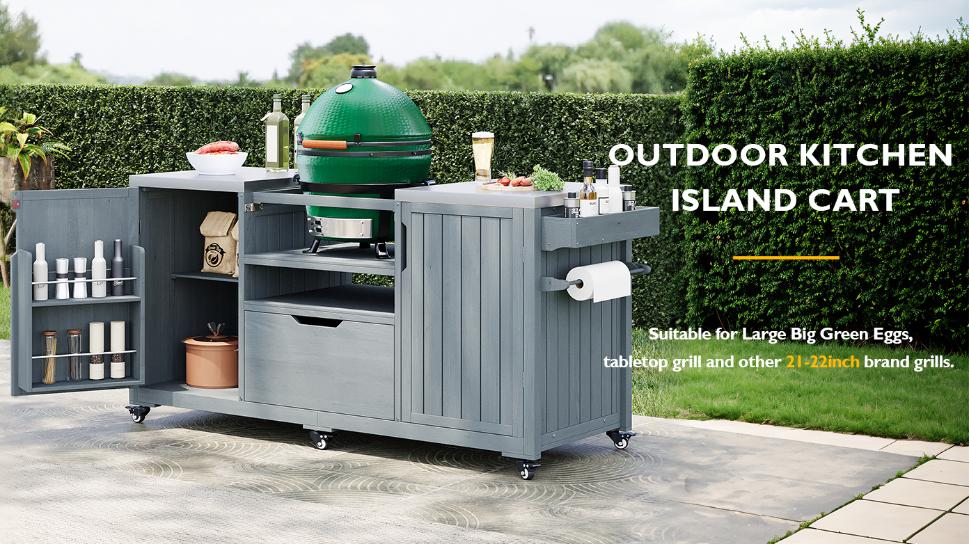 K&K 66.5' Outdoor Kitchen Island for Big Green Egg Grills, Solid Wood Outdoor Grill Cart for Tabletop Grill with Stainless Steel Top, Drawer, Compatible with Large Big Green Egg, Kamado Joe- Grey Blue