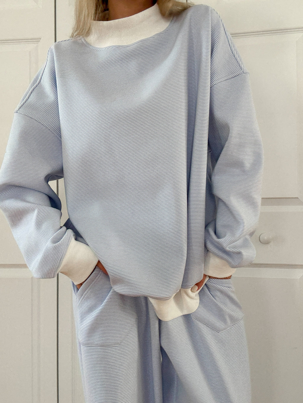 Blue and White Mini Striped Mockneck Sweatshirt