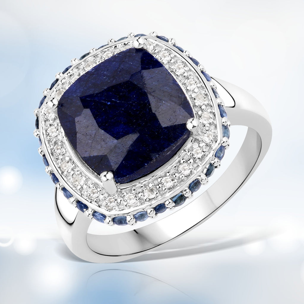 6.46 Carat Dyed Sapphire, Blue Sapphire and White Topaz .925 Sterling Silver Ring