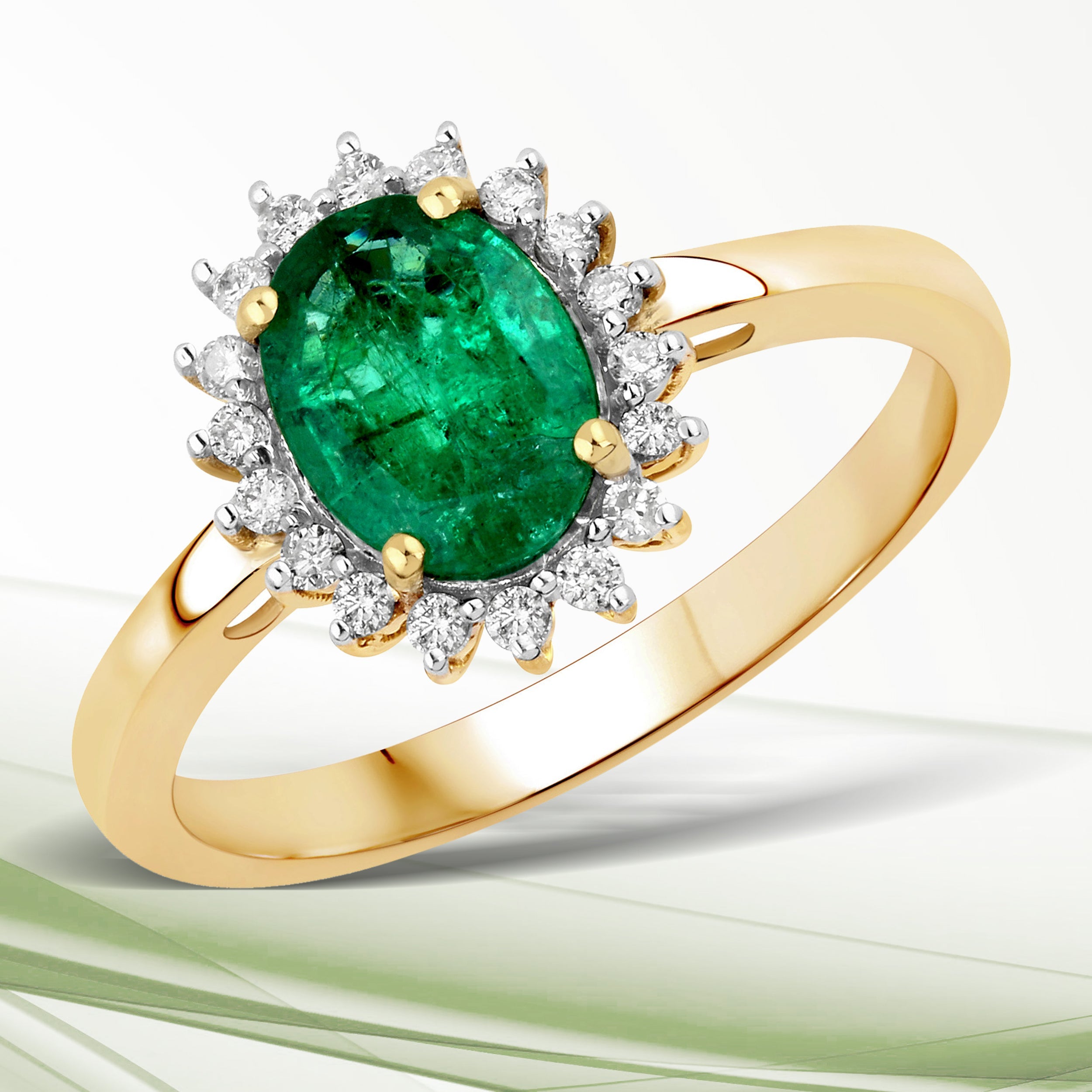 1.34 Carat Genuine Zambian Emerald and White Diamond 14K Yellow Gold Ring