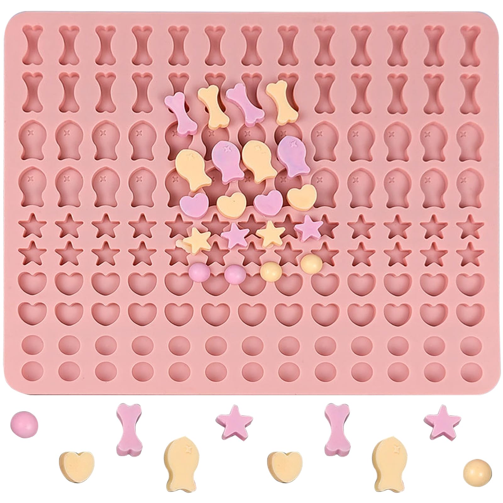 EDUEE Dog Treat Molds 130 Cavity Mini Silicone Molds Star Heart Bone Fish Roud Shape for Baking Biscuits Cookie Candy Chocolate Gummy Cookie