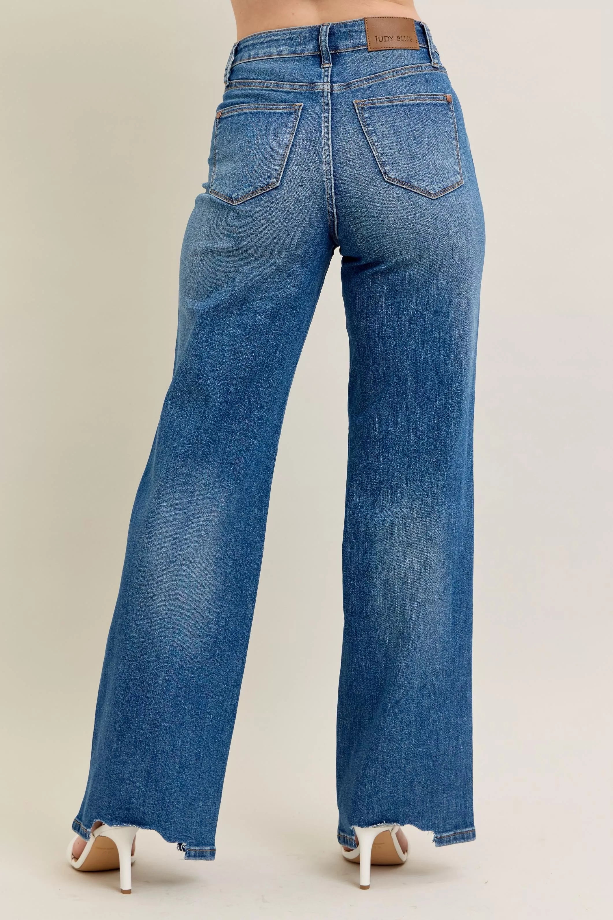Judy Blue Full Size High Waist Tummy Control Chew Hem Destroyed Wide Jeans Plus Size