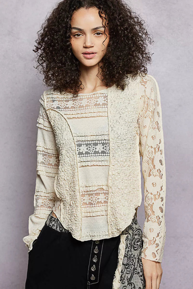 POL Round Neck Long Sleeve Exposed Seam Top with Lace Detail