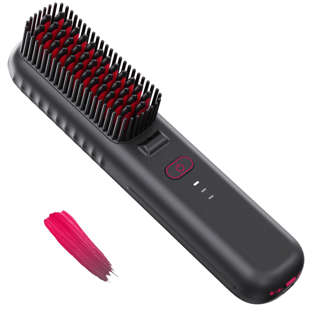 DALEEMIO Cordless Hair Straightener Brush Portable Mini Straightening Brush for Travel Negative Ion Hot Comb Hair Straightener for Women Rose Red