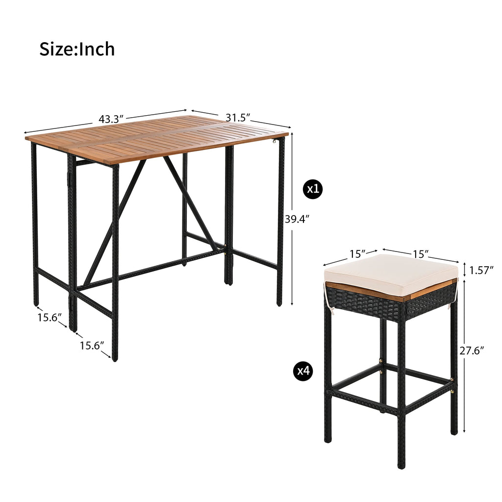 GO 5-Piece Outdoor Acacia Wood Bar Height Table And Four Stools With Cushions, Garden PE Rattan Wicker Dining Table, Foldable Tabletop, High-Dining Bistro Set, All-Weather Patio Furniture, Brown