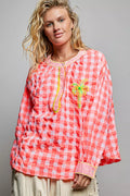 POL Gingham Embroidered Palm Tree Blouse