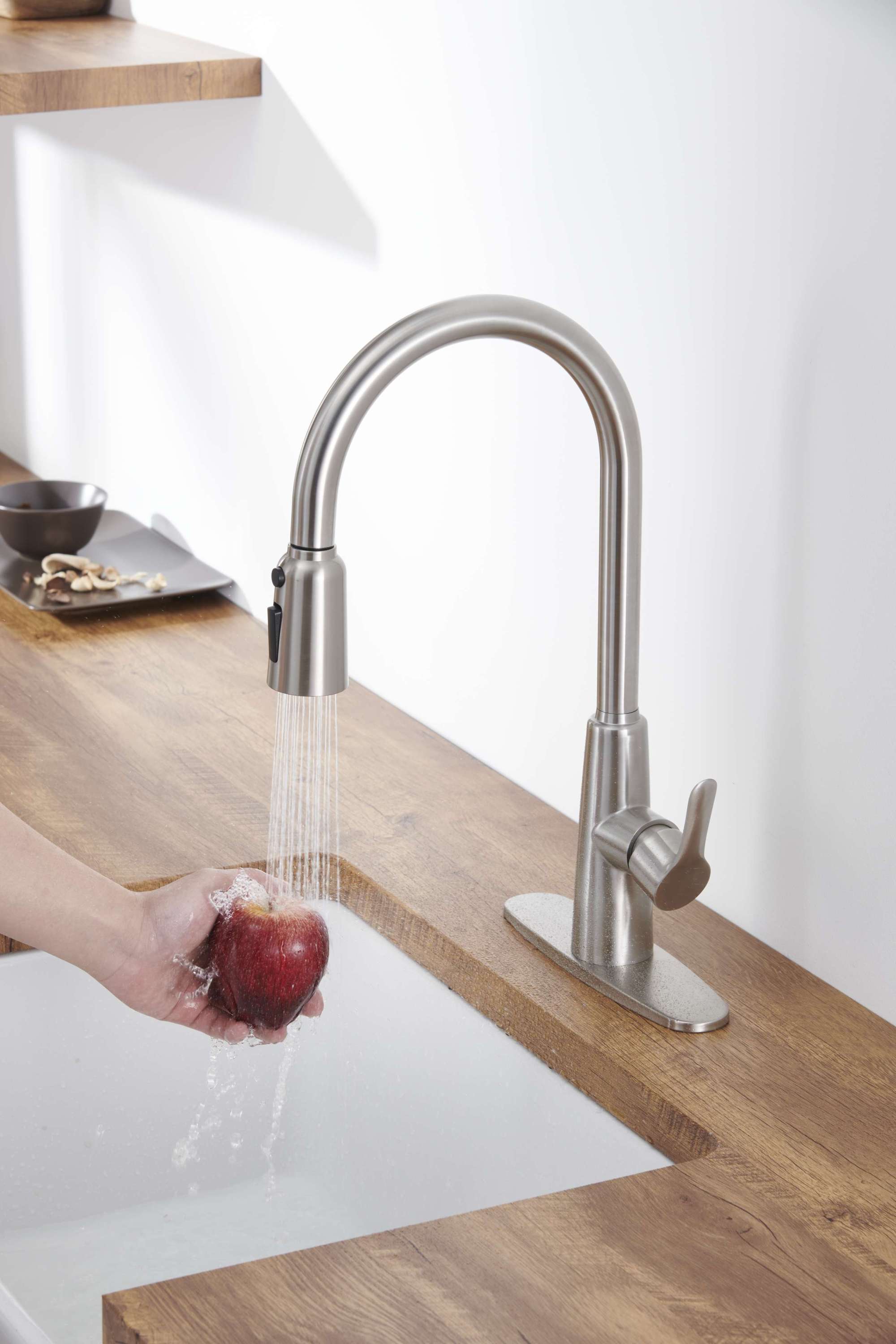 Kitchen Sink Faucet with Pull Out Sprayer Brushed Nickle,Stainless Steel High Arc Kitchen Sink Faucet, 3 Way Setting Single Handle Kitchen Faucets with Deck Plate