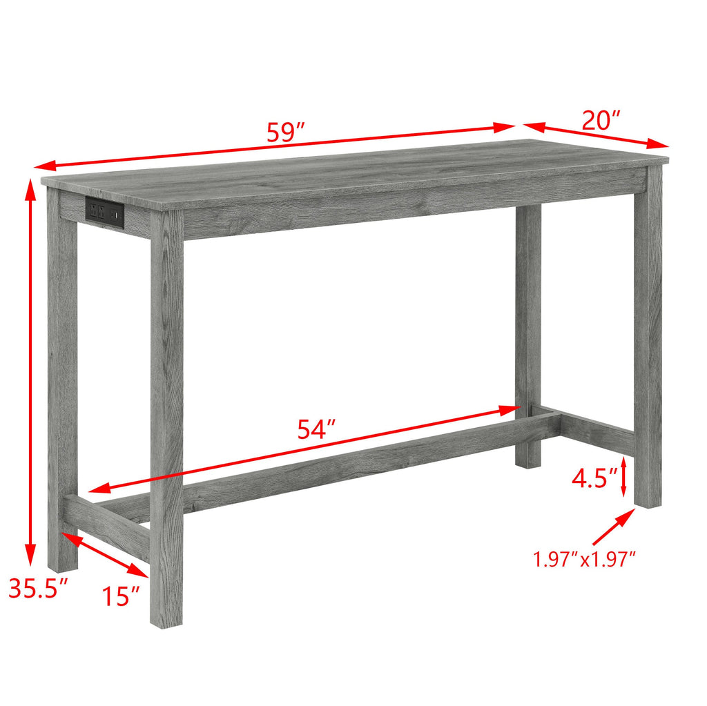 59 Inch Bar Table, Dining Table, Sofa Table with Power Outlet, 3 Upholstered Stools, 4 Piece Bar Table and Chair Set for Living Room, Dining Room, Kitchen
