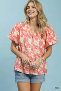 Umgee Floral Button-Front Short Sleeve Shirt