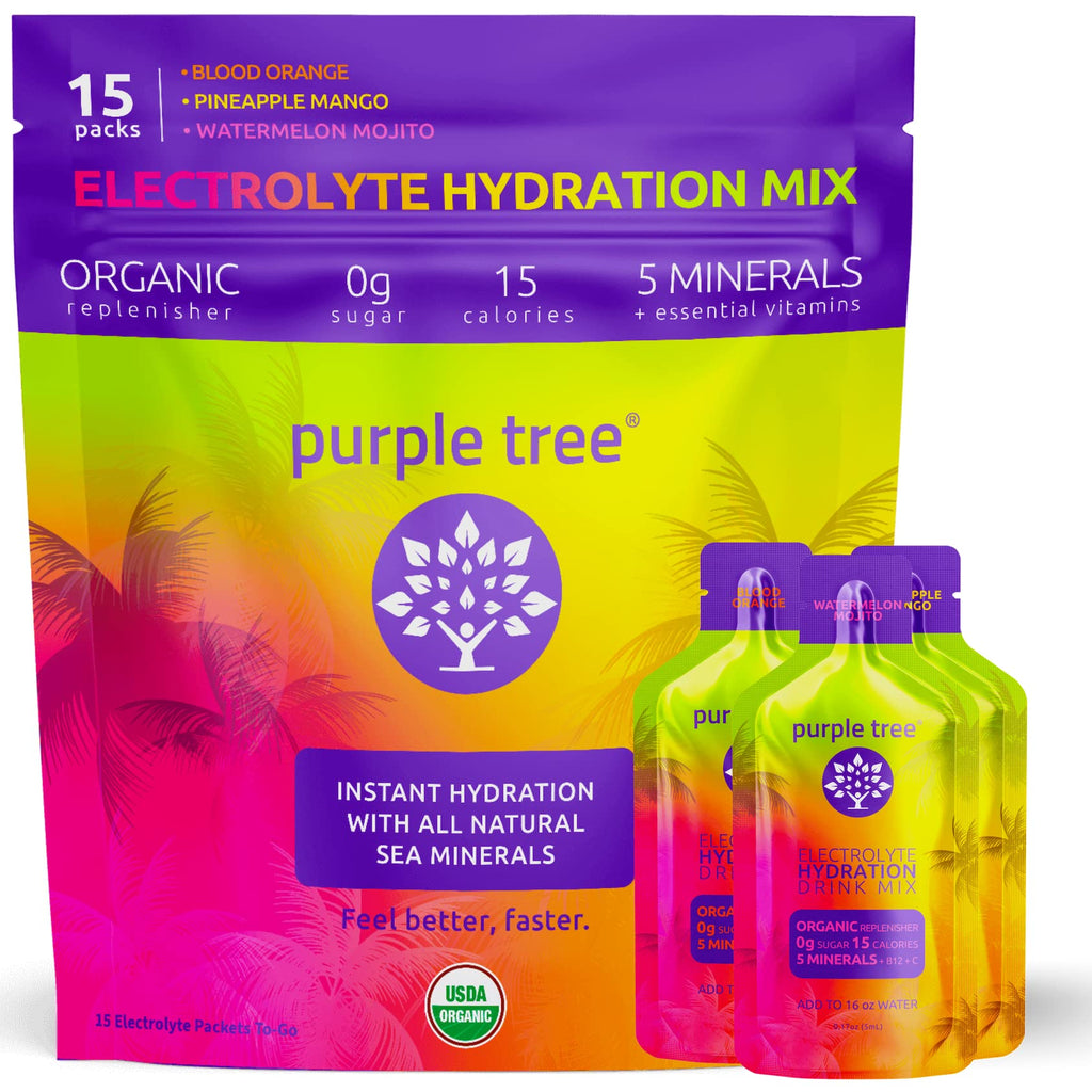 purple tree Organic Electrolyte Hydration Packets Zero Sugar Sea Salts Daily IV Hydrate Packs for Rapid Rehydration Relief - Water Drink Mix Variety Pack 15 Units