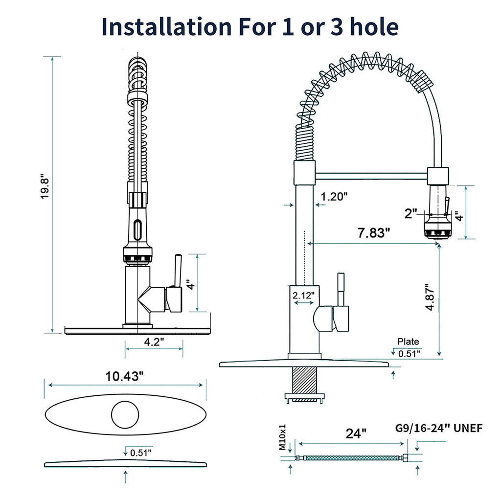 Kitchen Faucet with Pull Down Sprayer and 4 Spraying Modes Single Handle Commercial Spring Kitchen Sink Faucet Brushed Nickel 1 or 3 Hole