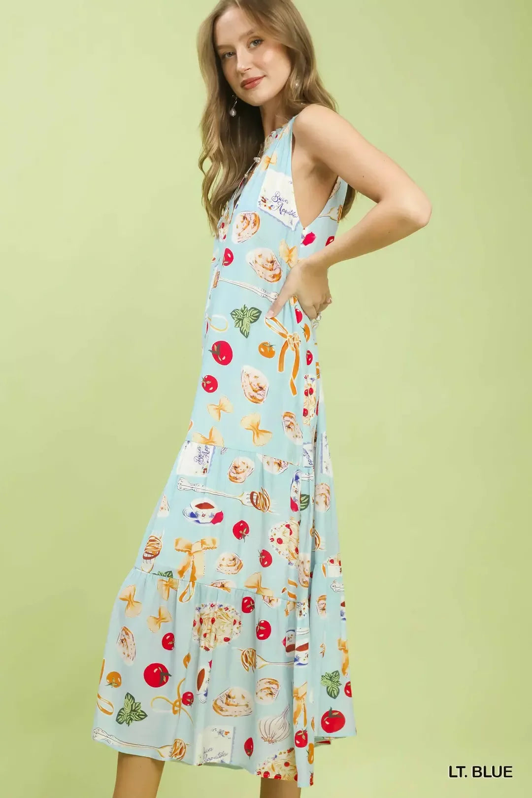 Umgee Abstract Print Tiered Halter Midi Dress