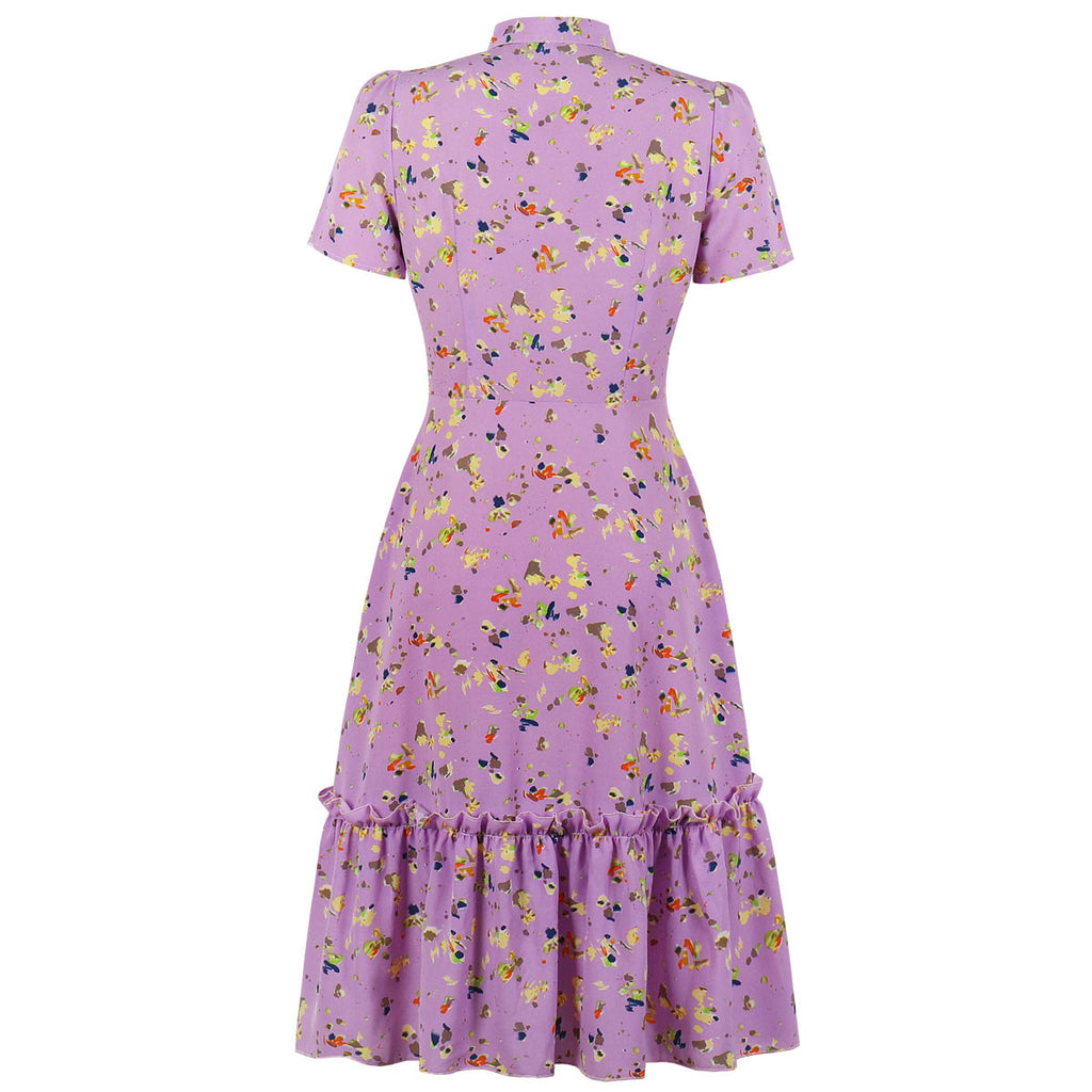 New Women's Floral Ruffle Midi Dress with Collar 2260
