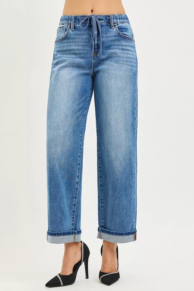 RISEN Elastic Band Slouch Ankle Boyfriend Cuffed Hem Jeans