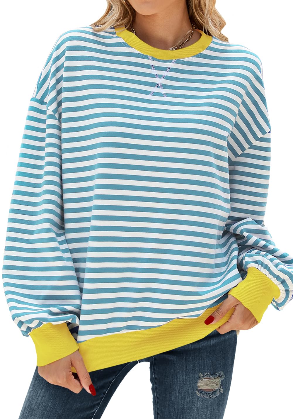 Pmgarmi Oversized Sweatshirt for Women Crewneck Long Sleeve Striped Sweater Womens Fall Fashion 2024 Pullover Sweater Trendy Clothes Hoodies Preppy Top Y2K Clothes Blue White