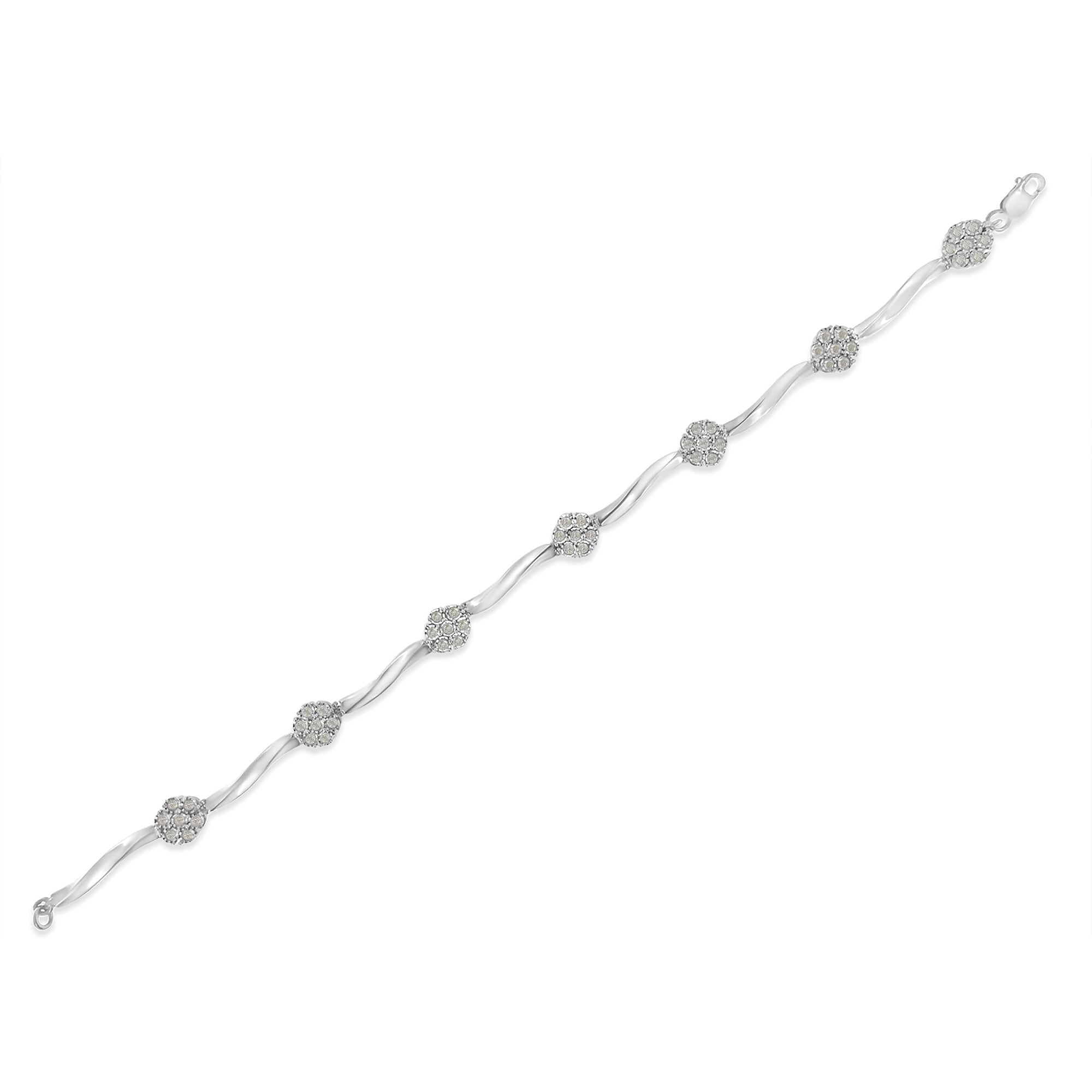 .925 Sterling Silver 1/4 Cttw Diamond Cluster Miracle-Set Station & Twisted Bar 7" Tennis Bracelet (H-I Color, I2-I3 Clarity)
