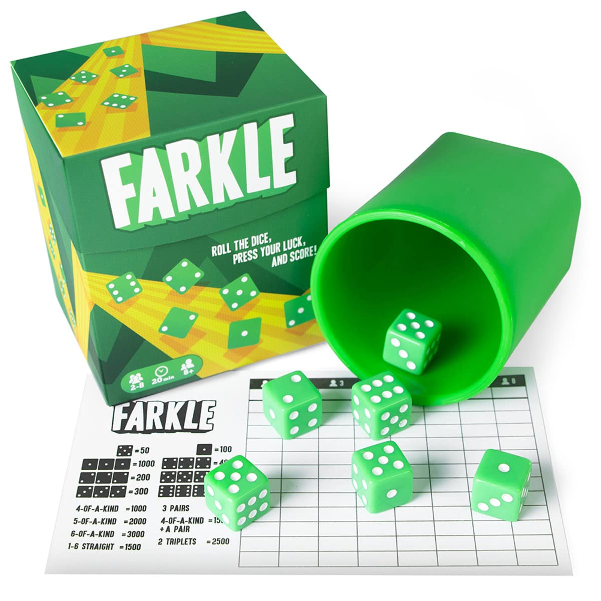 Brybelly Farkle: The Classic Family Dice Game | Set Includes Dice Cup Set of 6 Green Dice 25 Scorecards and Storage Box