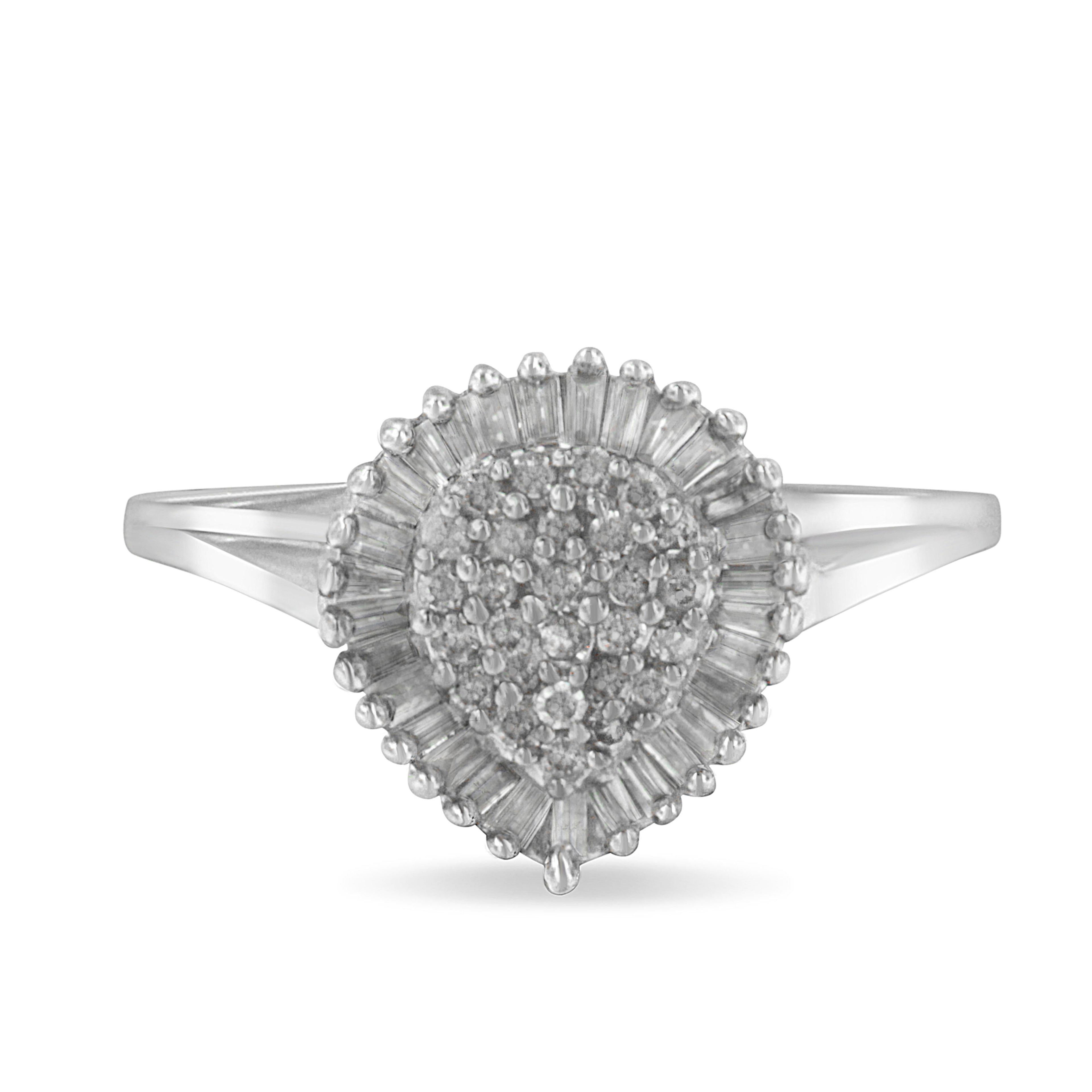 10K White Gold 1/2 Cttw Round & Baguette Cut Diamond Pear Shaped Domed PavÃ© Cluster with Halo Cocktail Ring (H-I Color, SI1-SI2 Clarity) - Size 5