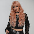 PARK YUN Pink Orange Long Wavy Wig with Bangs 28 Inch Rose Gold Wig Synthetic Heat Resistant Wig Natural Looking Wigs for Women Daily Wear