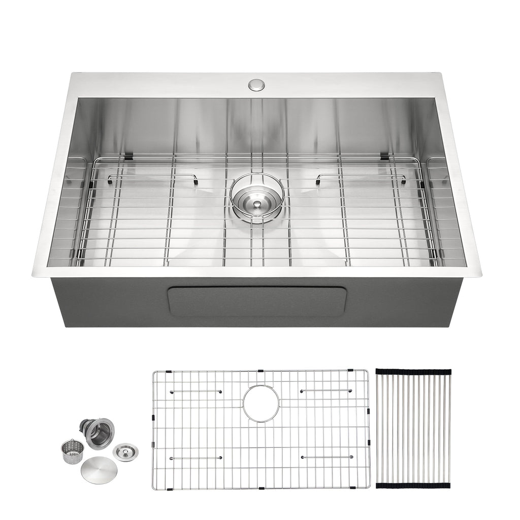 Brushed Nickel 33 x 22 Inch Kitchen Sink Drop In 16 Gauge Stainless Steel Single Bowl Topmount Basin