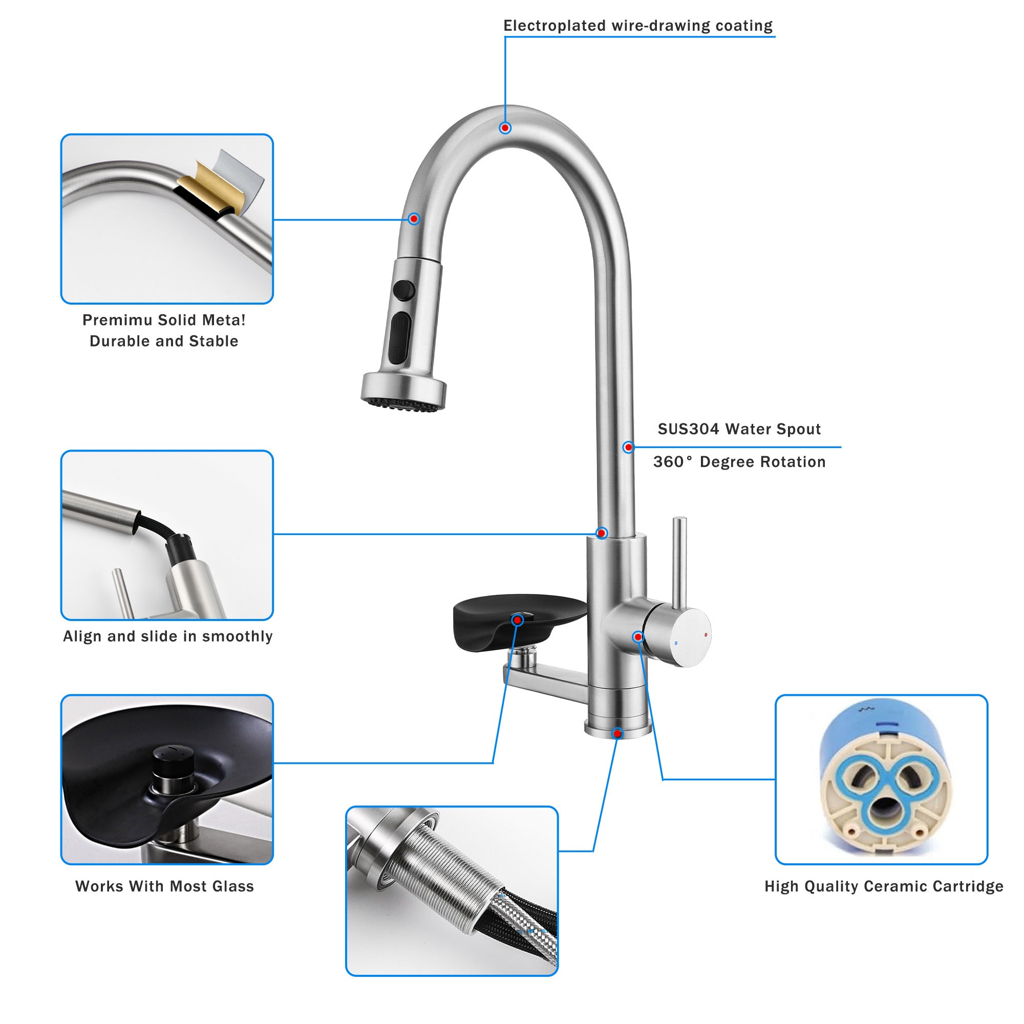 3-in-1 Kitchen Faucet with Press-Type Glass Rinser, High-Arc Pull-Down Sprayer, 3 Function Spray Mode, Brushed Nickel Finish, 9.44-Inch Spout Height, Stainless Steel & ABS Construction
