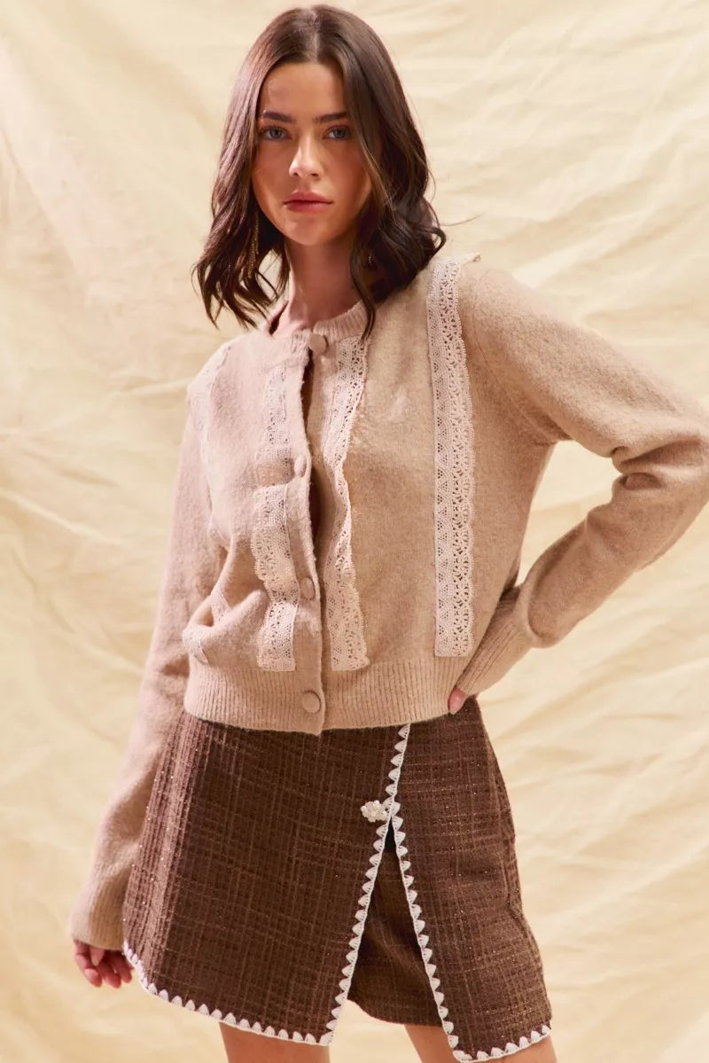 SO ME Front Lace Trim Button Cardigan Sweater