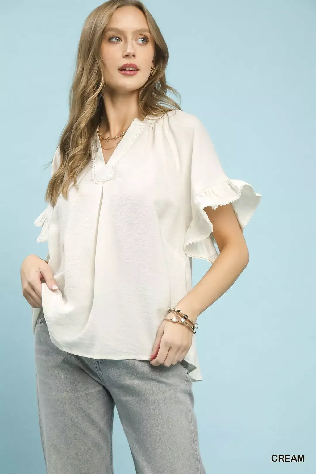 Umgee Ruffle Sleeve V-Neck Flutter Blouse