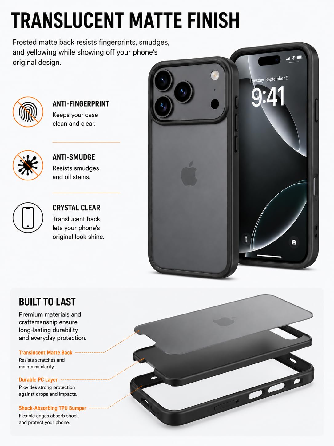Translucent Matte Case for iPhone 17 Pro, Slim Shockproof Cover, 10FT Military Grade Drop Protection, Anti-Scratch Bumper, Black