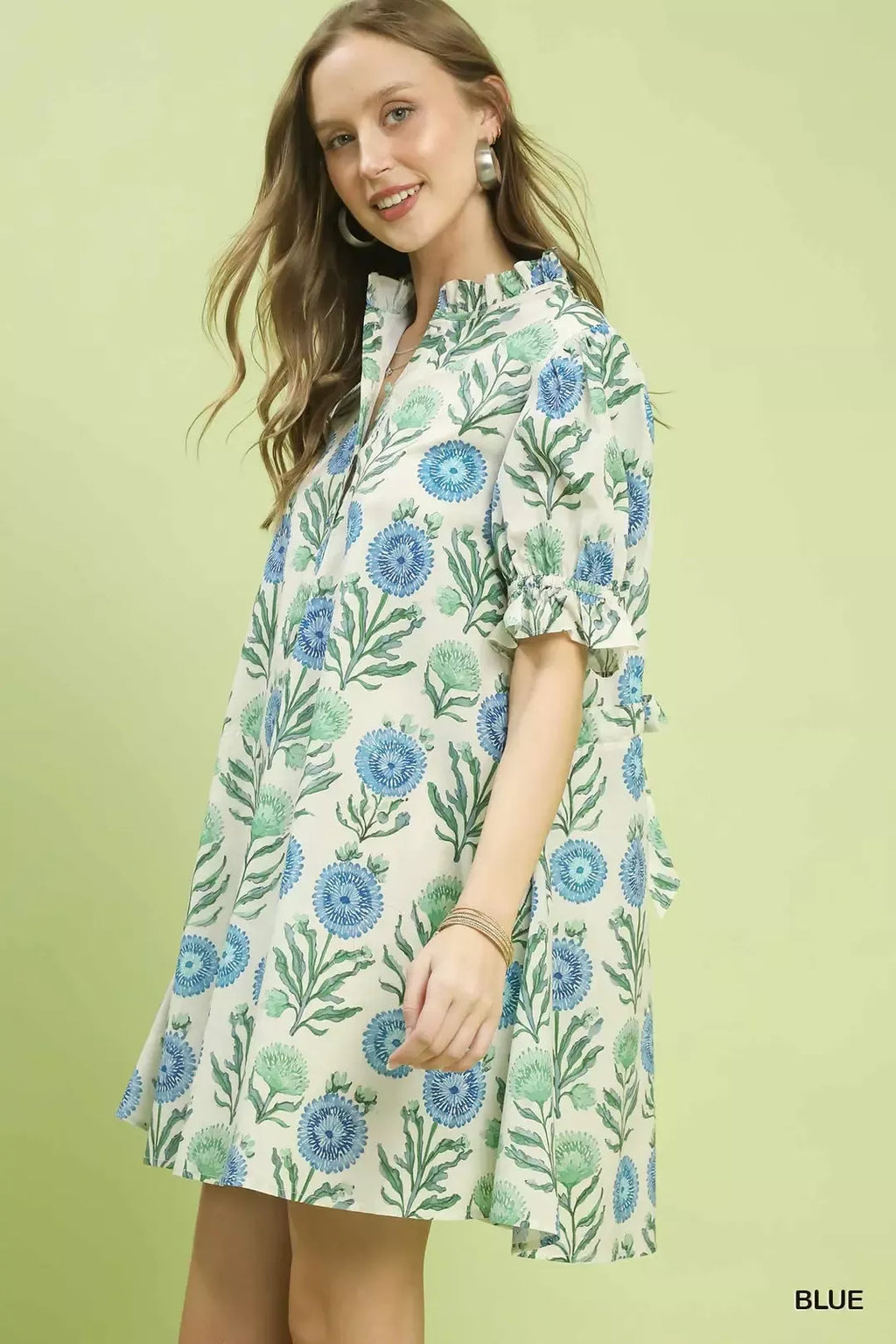 Umgee Floral Puff Sleeve Babydoll Dress with Side Pockets